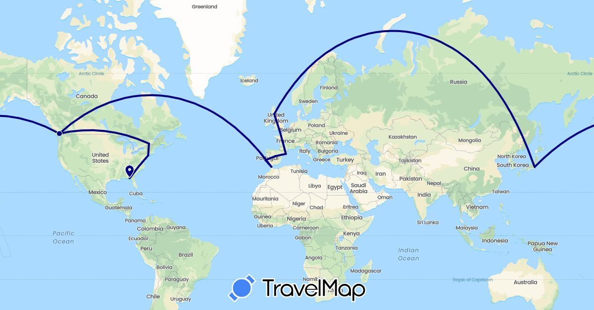 TravelMap itinerary: driving in Canada, Spain, United Kingdom, Japan, Morocco, Portugal, United States (Africa, Asia, Europe, North America)